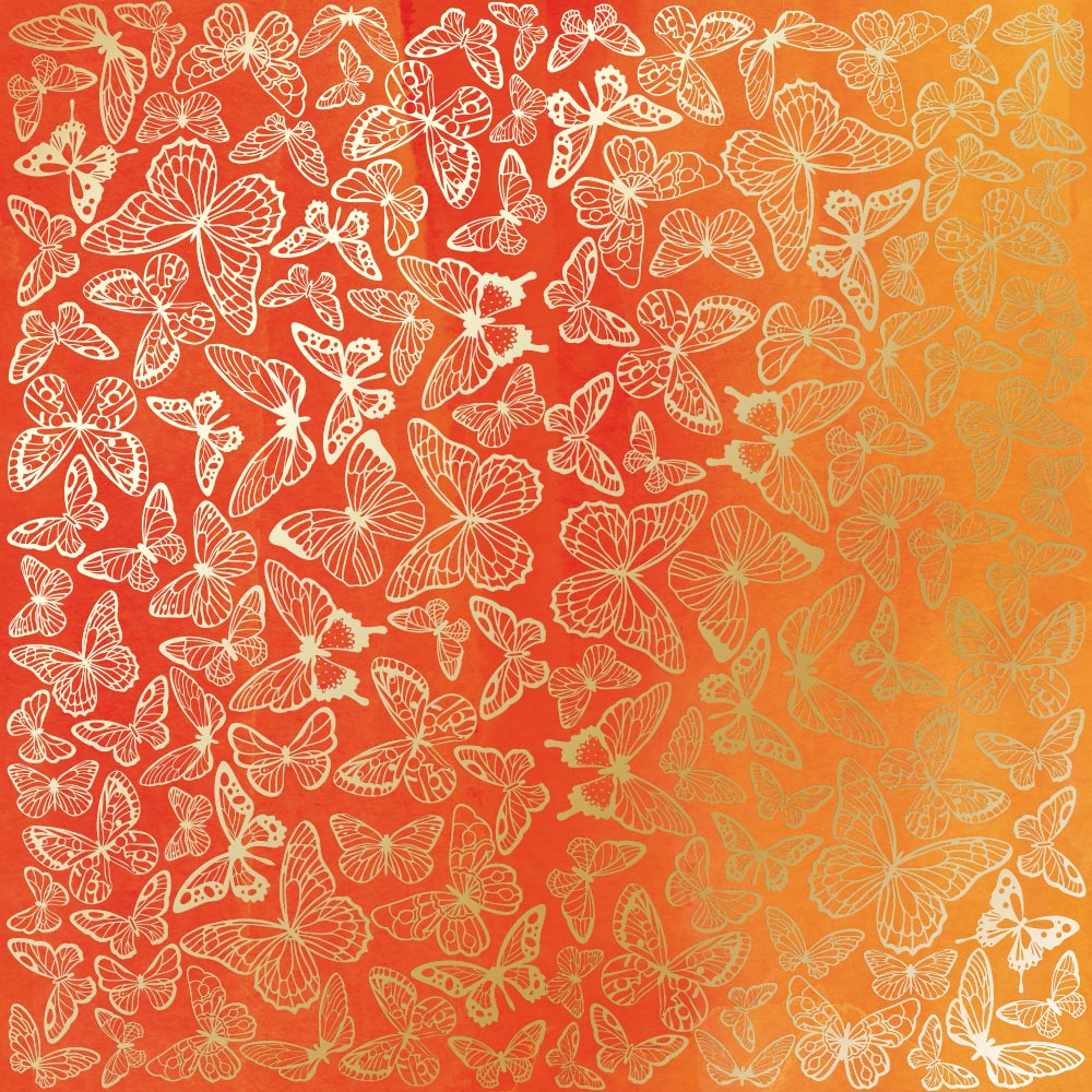 лист односторонней бумаги с фольгированием, дизайн golden butterflies, color yellow-orange aquarelle, 30,5см х 30,5см