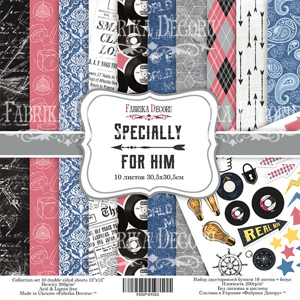 Double-sided scrapbooking paper set  Specially for him 8"x8" 10 sheets