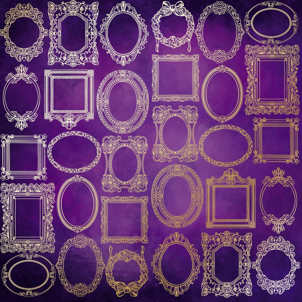 Sheet of single-sided paper with gold foil embossing, pattern "Golden Frames, color Violet aquarelle"