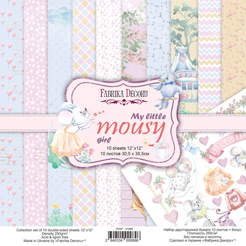 Double-sided scrapbooking paper set My little mousy girl 12"x12", 10 sheets