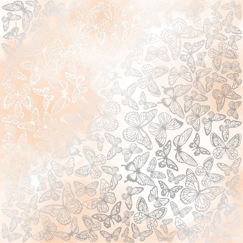 Sheet of single-sided paper embossed with silver foil, pattern Silver Butterflies, color Beige watercolor 12"x12" 