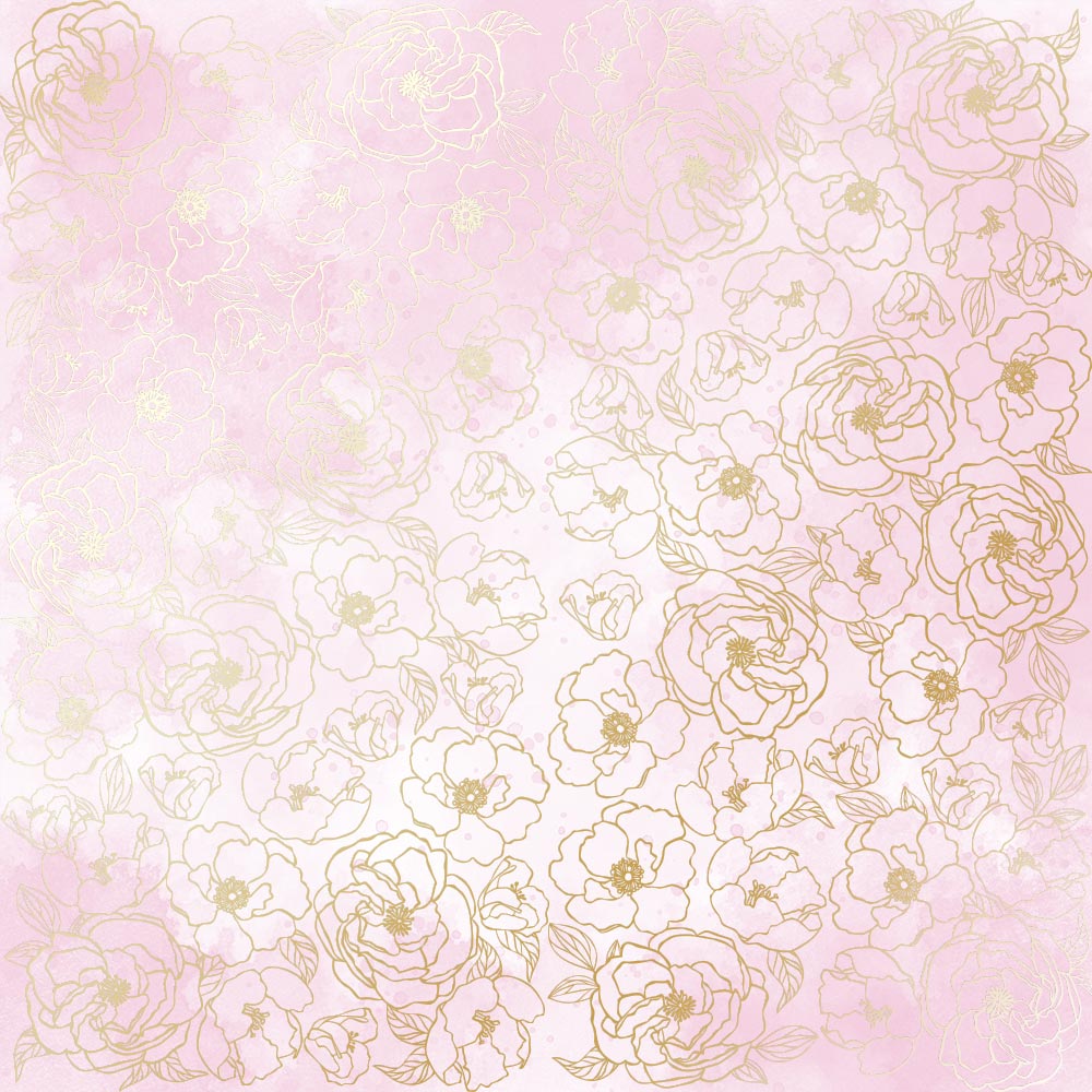 Sheet of single-sided paper with gold foil embossing, pattern Golden Pion, color Pink shabby watercolor, 12"x12"