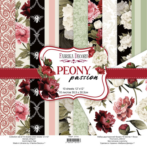 Double-sided scrapbooking paper set Peony passion 12"x12", 10 sheets