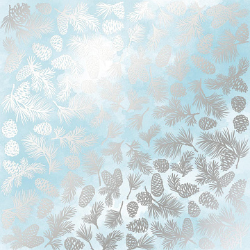 Einseitig bedrucktes Blatt Papier mit Silberfolie, Muster Silber Tannenzapfen Azurblau Aquarell 12"x12"