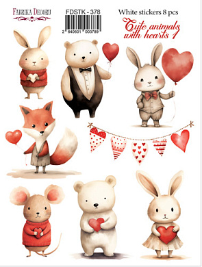 набор наклеек (стикеров) 8 шт, cute animals with hearts 1, #378