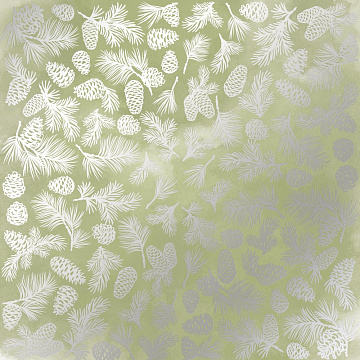 Einseitig bedrucktes Blatt Papier mit Silberfolie, Muster Silber Tannenzapfen Olive Aquarell 30,5 x 30,5 cm