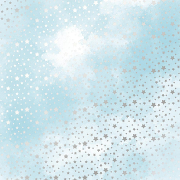 Sheet of single-sided paper embossed with silver foil, pattern Silver stars, color Azure watercolor 12"x12"