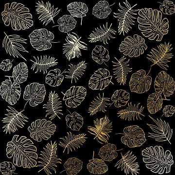Blatt aus einseitigem Papier mit Goldfolienprägung, Muster Golden Tropical Leaves Black, 12"x12"