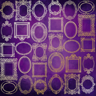 лист односторонней бумаги с фольгированием, дизайн golden frames, color violet aquarelle, 30,5см х 30,5см
